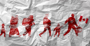 Faded silhouettes of migrants walking waving a Canadian flag, on a wrinkled paper background.