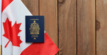 A photo of a Canadian flag and passport against a wooden table